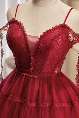 Formal Dresses Lace, Burgundy Lace Short A-line Prom Dress, Cute Spaghetti Strap Party Dress