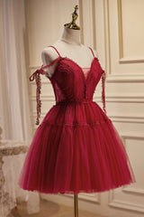 Formal Dresses Gowns, Burgundy Lace Short A-line Prom Dress, Cute Spaghetti Strap Party Dress