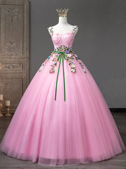 Bridesmaid Dress Champagne, Pink Tulle Flower Long Prom Dresses, Lovely Spaghetti Formal Dresses Sweet 16 Dresses