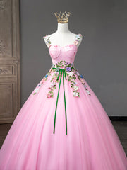 Bridesmaid Dresses Dark, Pink Tulle Flower Long Prom Dresses, Lovely Spaghetti Formal Dresses Sweet 16 Dresses