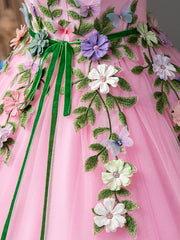 Bridesmaids Dresses Neutral, Pink Tulle Flower Long Prom Dresses, Lovely Spaghetti Formal Dresses Sweet 16 Dresses
