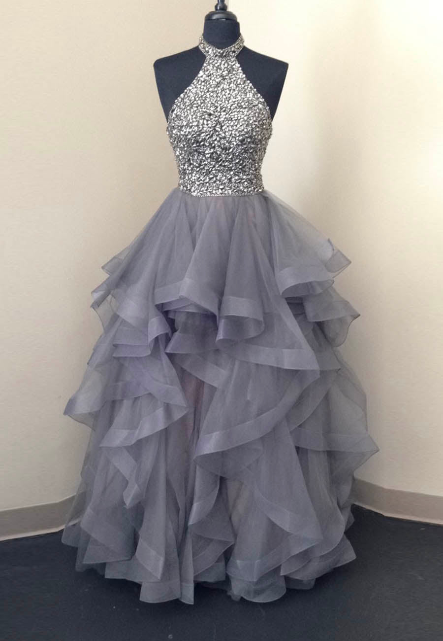 Prom Dresses Black Girl, Grey Tulle Long Prom Dresses, A-Line Evening Dresses