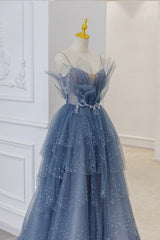 Party Dresses For Short Ladies, Blue Tulle Layers Straps Beaded Long Prom Dresses, A-Line Evening Dresses