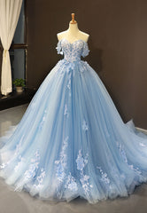 Party Dresses Indian, Blue Tulle Long A-Line Prom Dress, Off the Shoulder Evening Dress