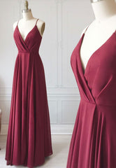 Dress Prom, Burgundy Chiffon Long Prom Dress, Simple V-Neck Evening Dress