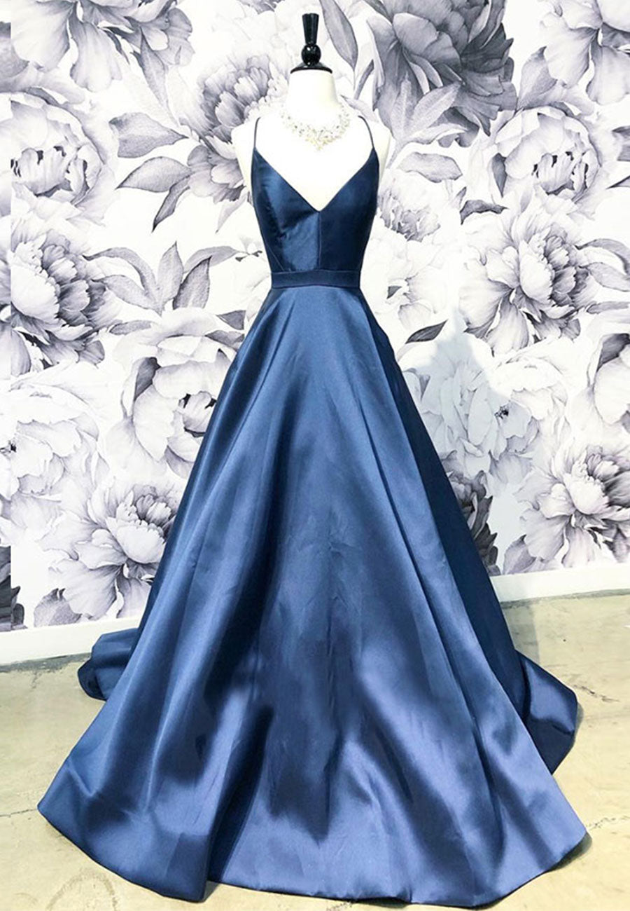 Silk Wedding Dress, Blue Satin Long A-Line Prom Dress, Simple V-Neck Evening Dress