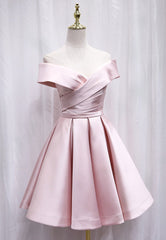 Prom Dress Two Piece, A-Line Satin Off the Shoulder Short Prom Dress, Mini Evening Party Dress