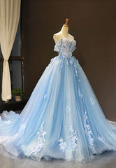 Party Dress India, Blue Tulle Long A-Line Prom Dress, Off the Shoulder Evening Dress