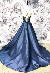 Winter Formal, Blue Satin Long A-Line Prom Dress, Simple V-Neck Evening Dress