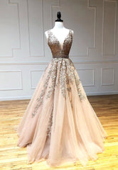 Wedding Photo, Plunging V-Neck Tulle Long Prom Dresses, Lace Formal Dresses