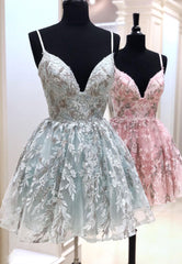 Homecoming Dress Short Tight, Cute V-Neck Lace Short Prom Dresses, A-Line Homecoming Dresses