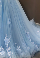 Party Dress Clubwear, Blue Tulle Long A-Line Prom Dress, Off the Shoulder Evening Dress