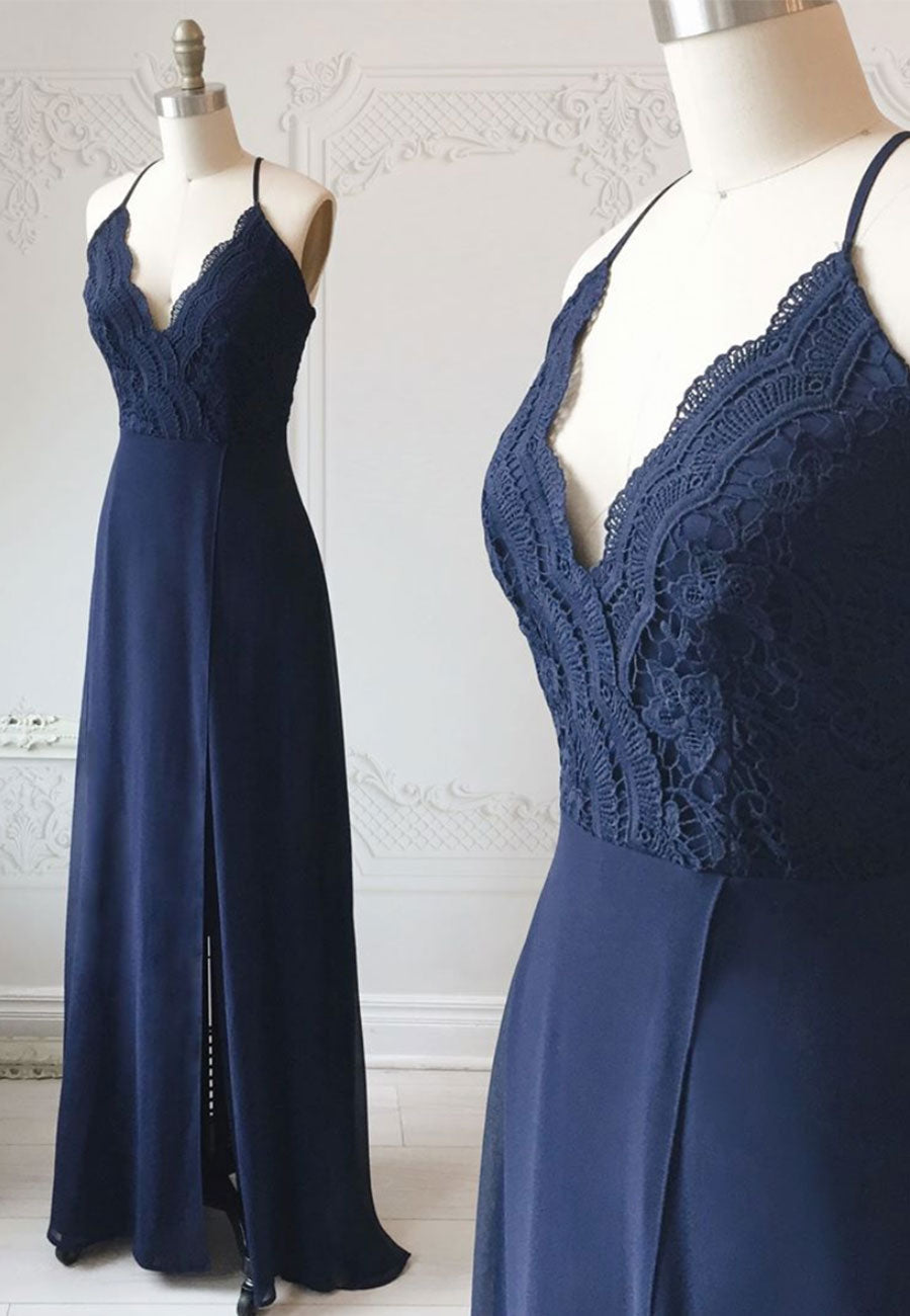 Bridesmaid Dresses Dusty Rose, Blue Chiffon Lace Long Prom Dress, Blue A-Line Evening Dress