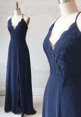 Bridesmaid Dresses Dusty Rose, Blue Chiffon Lace Long Prom Dress, Blue A-Line Evening Dress