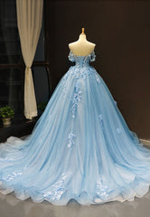 Party Dresses Clubwear, Blue Tulle Long A-Line Prom Dress, Off the Shoulder Evening Dress