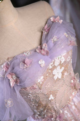 Prom Dresses 2032 Long, Lovely A-Line Off the Shoulder Sequins Prom Dress, Purple Tulle Corset Floor Length Evening Dress
