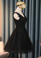 Evening Dress Black, Lovely Black Lace V-neckline Short Homecoming Dress, Black Party Dress