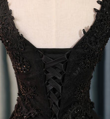 Evening Dresses Black, Lovely Black Lace V-neckline Short Homecoming Dress, Black Party Dress