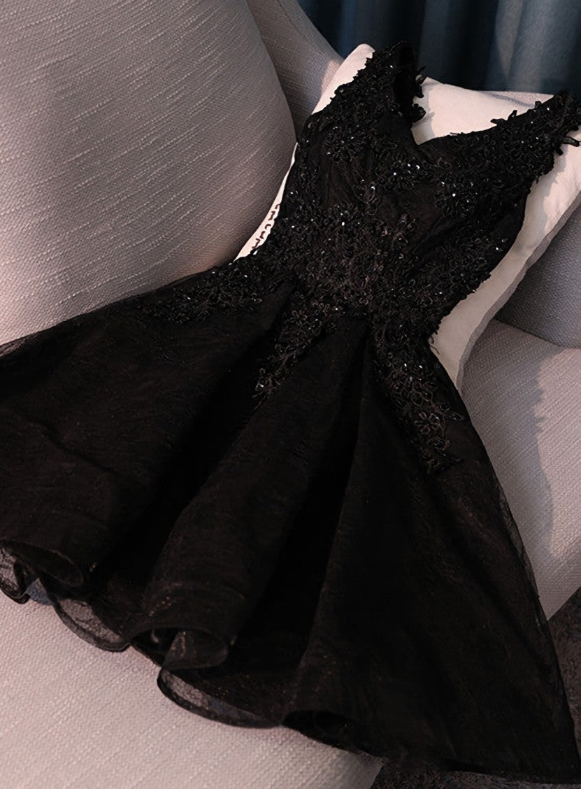 Evening Dress Gowns, Lovely Black Lace V-neckline Short Homecoming Dress, Black Party Dress