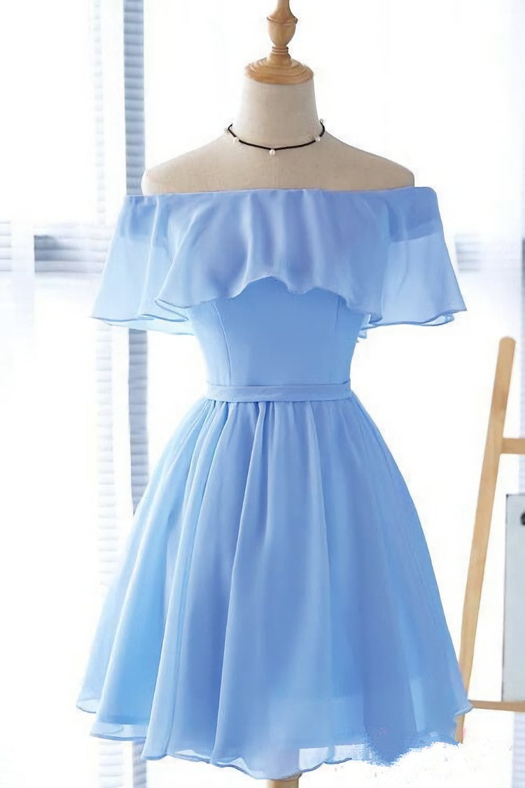 Dress To Impression, Lovely Blue Short Chiffon Off Shoulder Party Dress, A-line Prom Dress