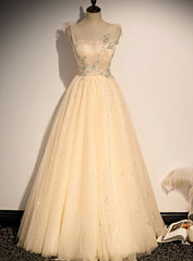Bridesmaids Dress Floral, Lovely Champagne Sequins Long Party Dress, A-line Tulle Formal Dress