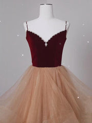 Party Outfit Night, Lovely Champagne Tulle and Wine Red Velvet Straps Prom Dress, A-line Long Party Dress