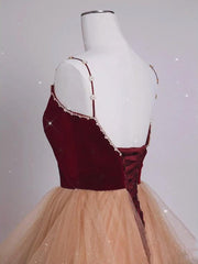 Formal Attire, Lovely Champagne Tulle and Wine Red Velvet Straps Prom Dress, A-line Long Party Dress