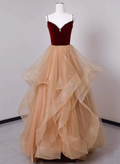 Corset Prom Dress, Lovely Champagne Tulle and Wine Red Velvet Straps Prom Dress, A-line Long Party Dress
