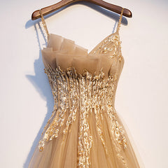 Homecoming Dresses Pockets, Lovely Champagne Tulle with Lace Long Formal Dress, Champagne Prom Dress