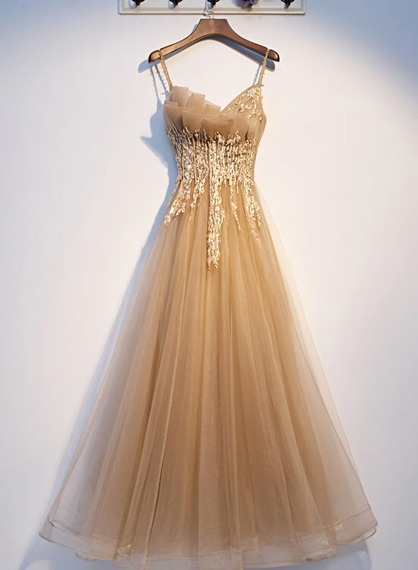 Homecoming Dress Tight, Lovely Champagne Tulle with Lace Long Formal Dress, Champagne Prom Dress