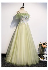 Bridesmaid Dress Champagne, Lovely Flowers Off Shoulder Tulle Long Party Dress, A-line Tulle Light Green Prom Dress