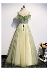 Bridesmaid Dresses Dark, Lovely Flowers Off Shoulder Tulle Long Party Dress, A-line Tulle Light Green Prom Dress