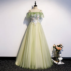 Bridesmaid Dress Dark, Lovely Flowers Off Shoulder Tulle Long Party Dress, A-line Tulle Light Green Prom Dress