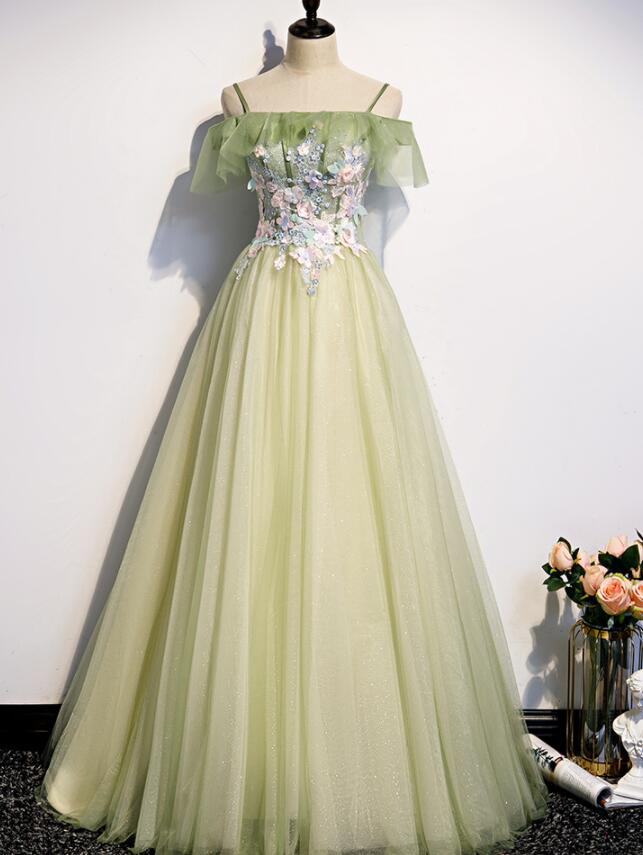 Bridesmaids Dress Champagne, Lovely Flowers Off Shoulder Tulle Long Party Dress, A-line Tulle Light Green Prom Dress