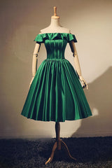 Evenning Dresses Long, Lovely Green Satin Off Shoulder Knee Length Homecoming Dress, Short Prom Dress