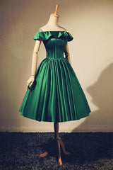 Evening Dress Online, Lovely Green Satin Off Shoulder Knee Length Homecoming Dress, Short Prom Dress