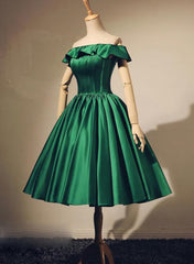 Evening Dress Boutique, Lovely Green Satin Off Shoulder Knee Length Homecoming Dress, Short Prom Dress