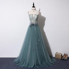 Bridesmaids Dress With Sleeves, Lovely Green Tulle Lace Top Long Strapless Handmade Prom Dress,Tulle Evening Dress Party Dress