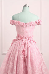 Party Dresses Prom, Lovely Lace Off Shoulder Pink Homecoming Dress, High Low Formal Dress