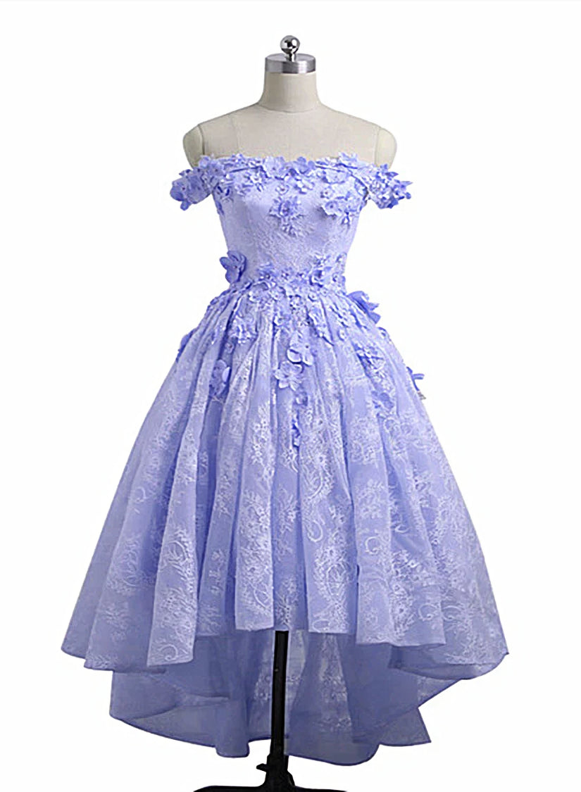 Evening Dresses Online, Lovely Lavender High Low Lace Party Dress, Cute Off Shoulder Prom Dress