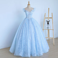 Party Dress Halter Neck, Lovely Light Blue Lace Cap Sleeve Sweet 16 Prom Dress, Evening Dress