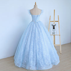Party Dresses Halter Neck, Lovely Light Blue Lace Cap Sleeve Sweet 16 Prom Dress, Evening Dress
