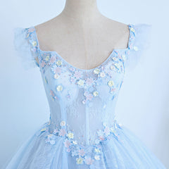 Backless Prom Dress, Lovely Light Blue Lace Cap Sleeve Sweet 16 Prom Dress, Evening Dress