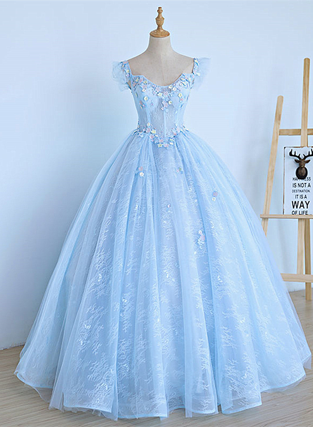Sparklie Dress, Lovely Light Blue Lace Cap Sleeve Sweet 16 Prom Dress, Evening Dress