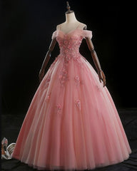 Prom Dress 2031, Lovely Pink Floral Tulle Off Shoulder Flowers Princess Gown, Pink Sweet 16 Formal Dresses