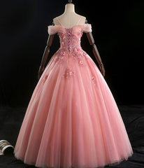 Prom Dresses Uk, Lovely Pink Floral Tulle Off Shoulder Flowers Princess Gown, Pink Sweet 16 Formal Dresses