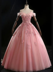 Prom Dresses Under 58, Lovely Pink Floral Tulle Off Shoulder Flowers Princess Gown, Pink Sweet 16 Formal Dresses