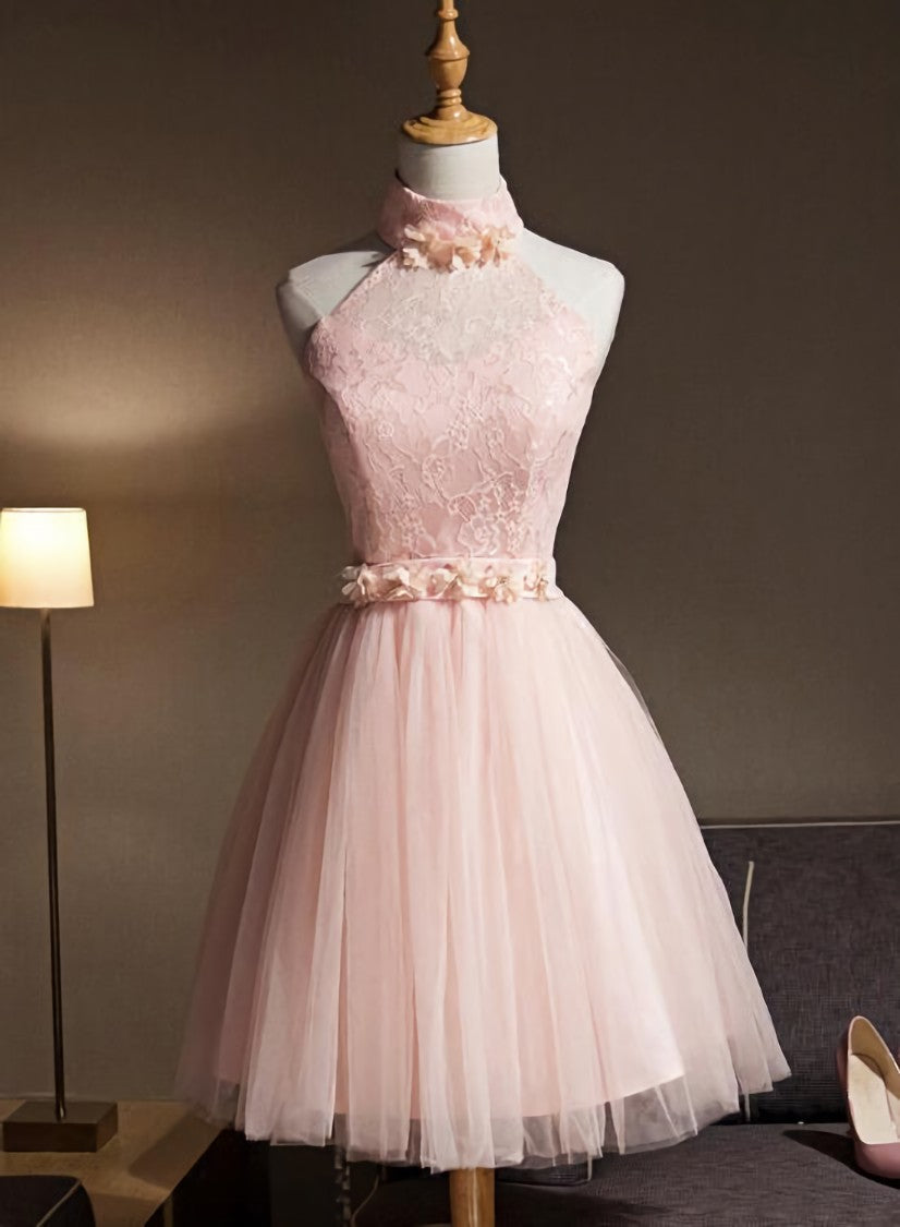 Bridesmaid Dresses Shop, Lovely Pink Halter Tulle Flowers Short Prom Dress Homecoming Dress, Pink Graduation Dresses Party Dresses