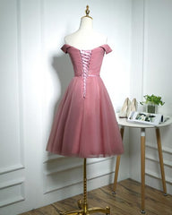 Evening Dress For Wedding, Lovely Pink Off Shoulder Knee Length Party Dress, Pink Prom Dress