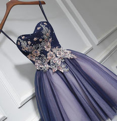 Evening Dress Lace, Lovely Purple-Blue Knee Length Flowers Sweetheart Homecoming Dress, Short Prom Dress